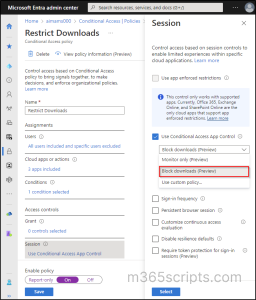 Session controls in conditional access policy