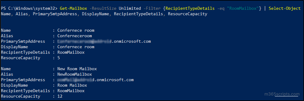 Display List of Room Mailboxes Using PowerShell