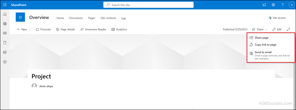 SharePoint page sharing feature