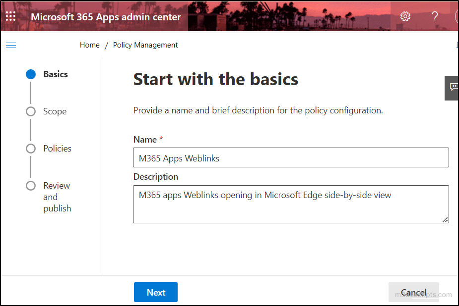 Microsoft 365 app admin center policy creation