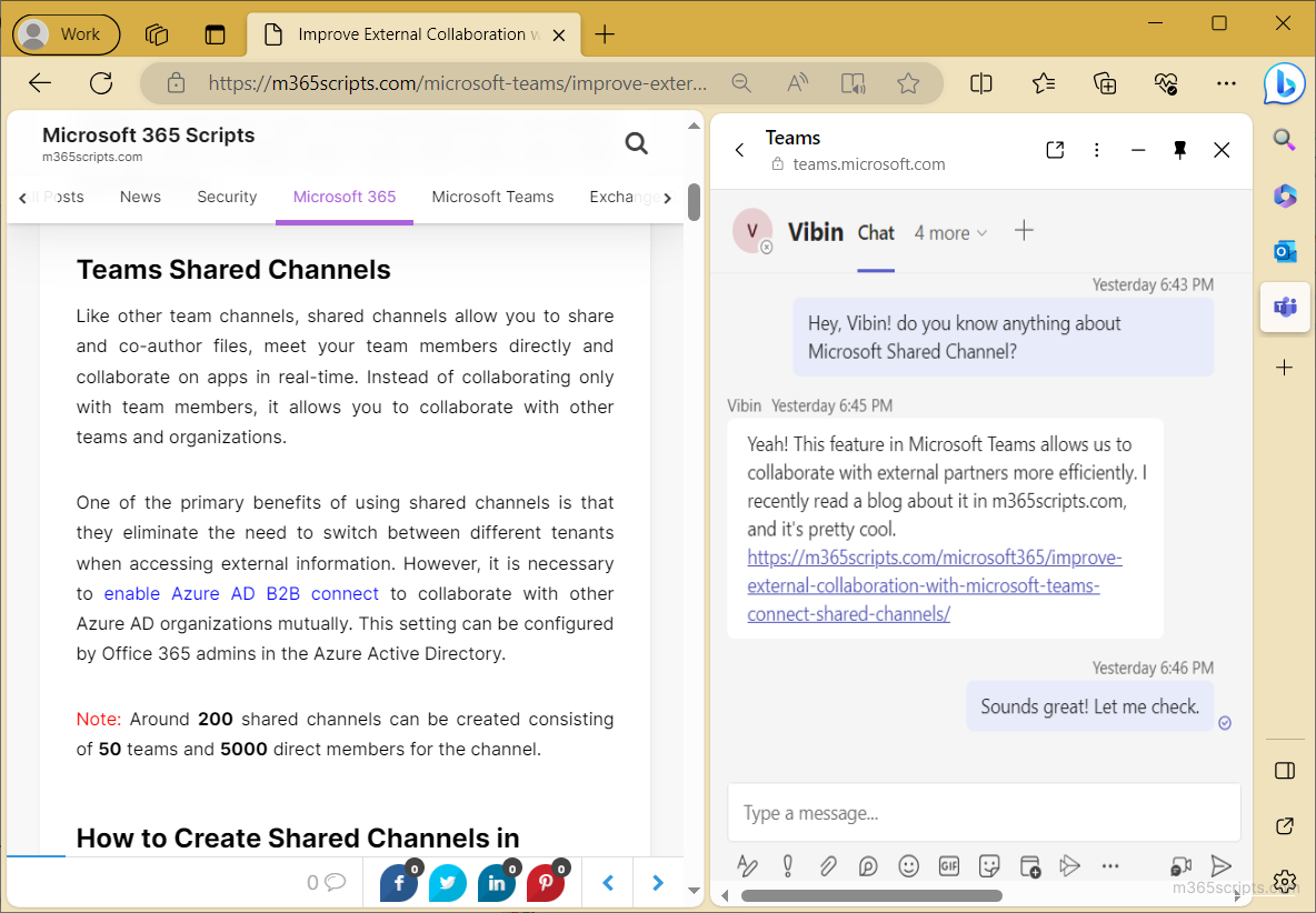 Team Chat Web Links as Side-by-side View in Edge