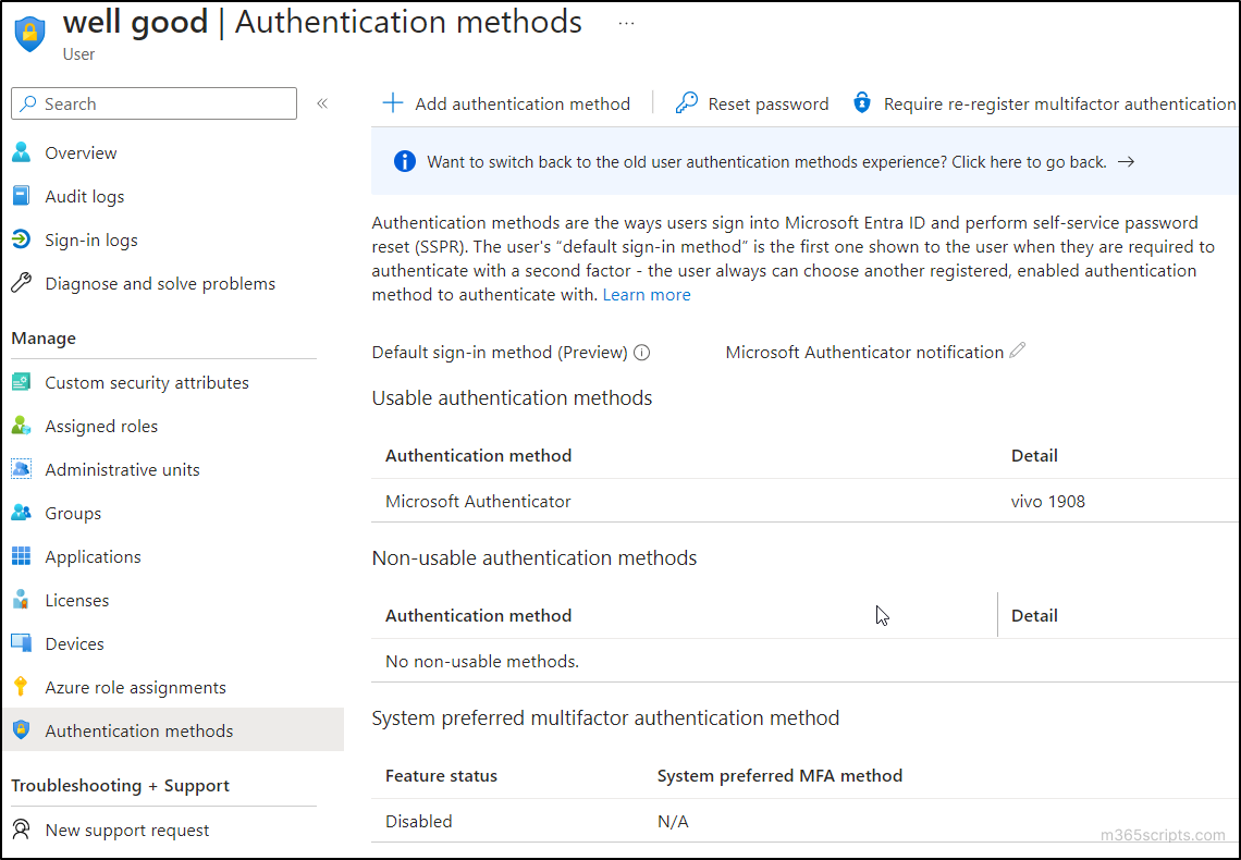 Authentication methods report for a user