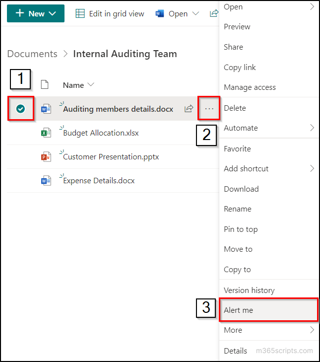 SPO Alert me option for specific files