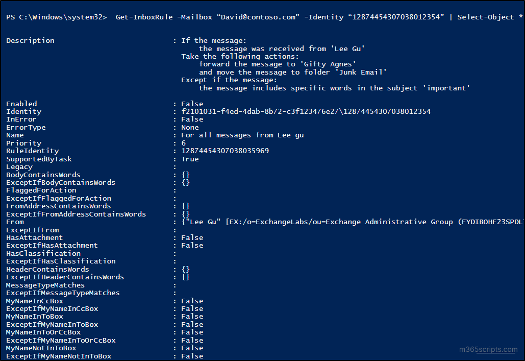 All details -manage inbox rule in Outlook