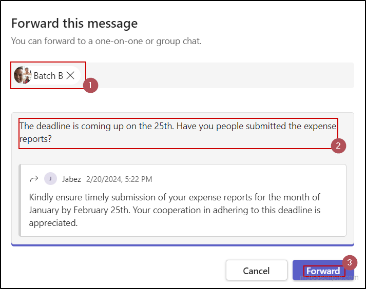 Forward this message window in MS Teams