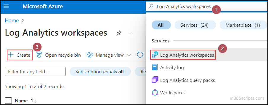 Log Analytics workspaces Navigation - Microsoft Azure Portal