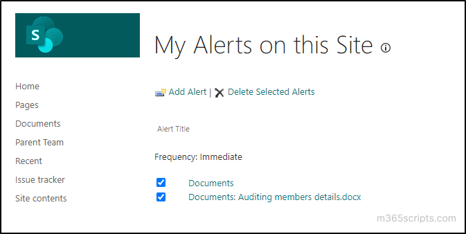 My Alerts on this Site page for deleting alerts