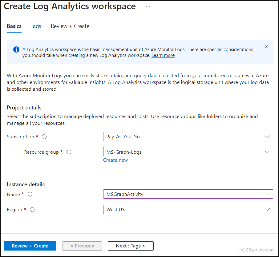 New Log Analytics workspace creation for Microsoft Graph activity logs