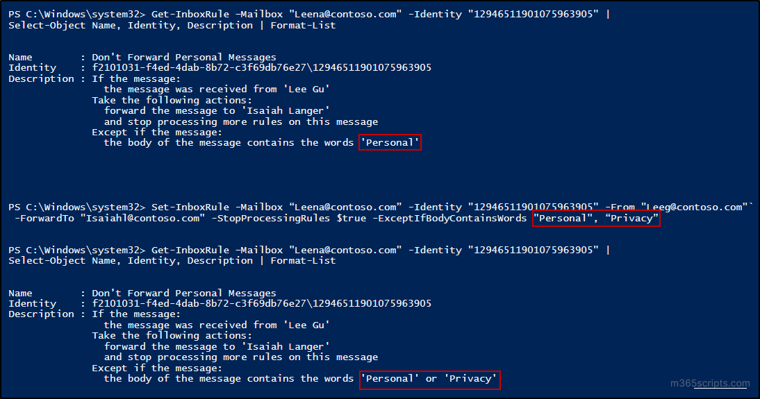 Update Inbox Rule Using PowerShell