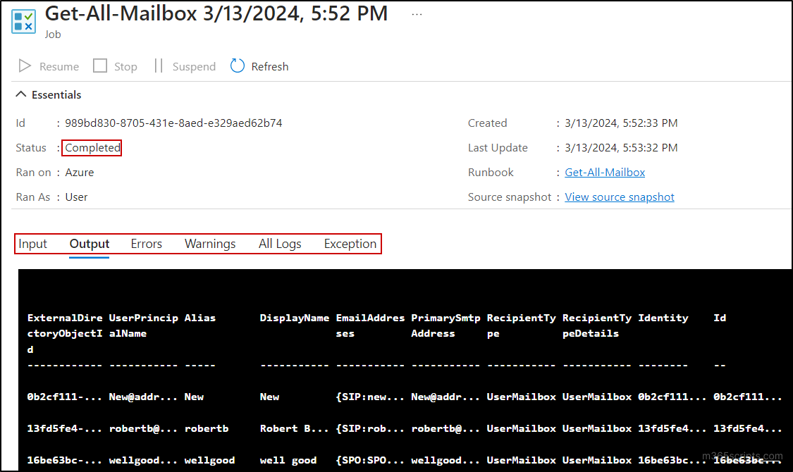 Runbook execution output